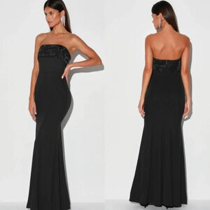 Lulu's Brilliantly Bold Black Strapless Mermaid Maxi Dress Wedding Party Guest